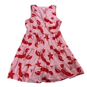 J. Crew Lobster Starfish Midi Dress Tiered V Neck Pink Sleeveless Size 16